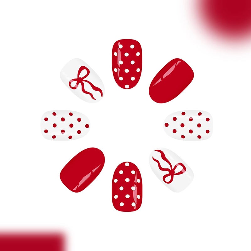 ASABITE 24Pcs Short Almond Press on Nails Cute Bow Polka Dot Press on Nails Valentines Fake Nails with Glue Red French Tip Valentine’s Day Nails Red White Full Cover Glue on Nail Bow Stick on Nail for Women - Image 3
